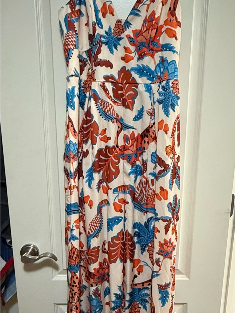 SHEIN Floral V-Neck Sleeveless Jumpsuit in Cream, Rust & Blue